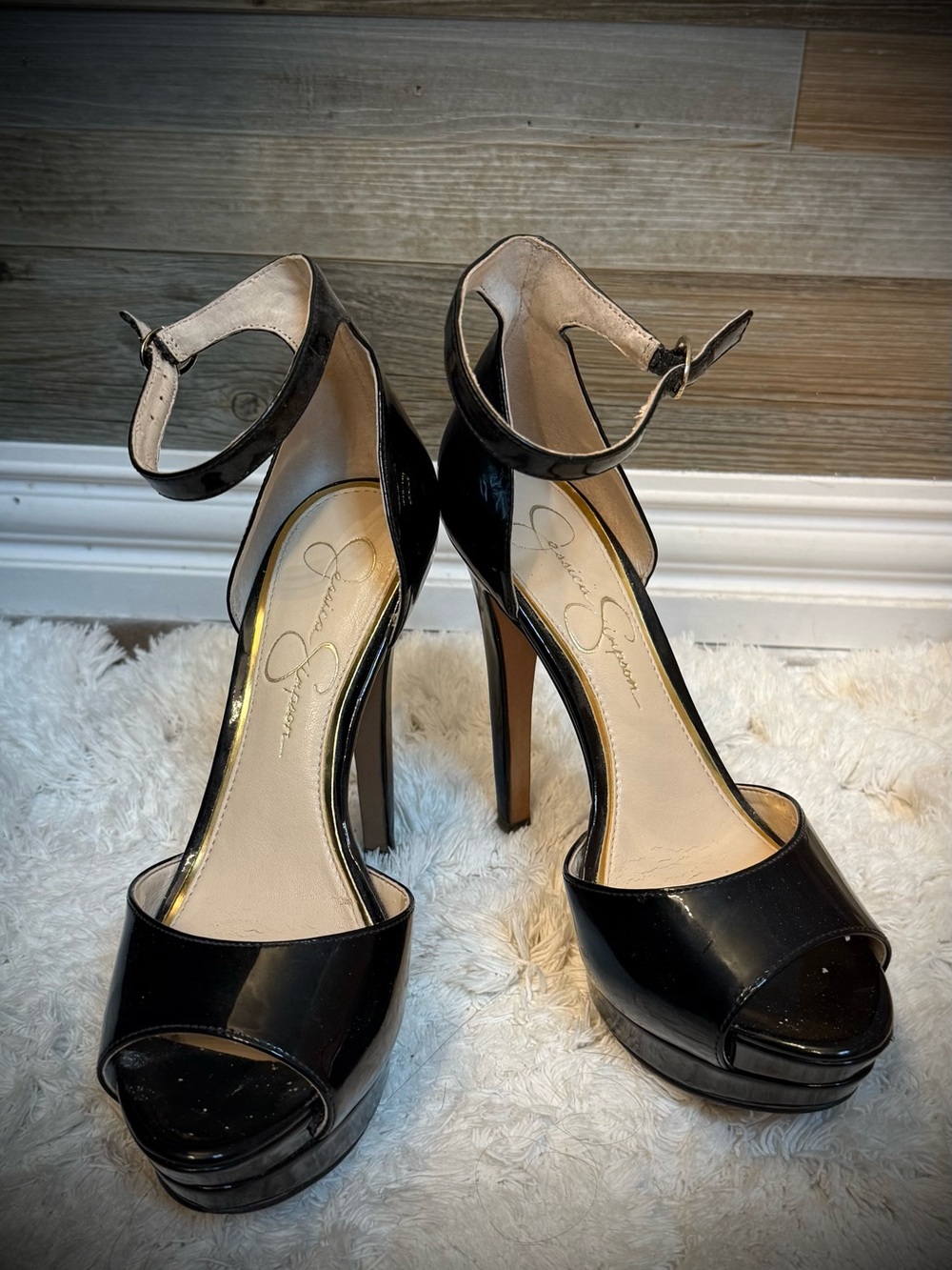 Jessica Simpson Black Patent Peep-Toe Platform Heels with Ankle Strap